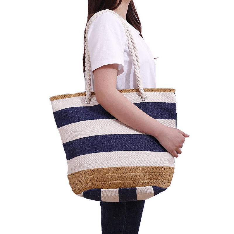 Large Capacity Canvas Beach Bag Gym Travel Handbags Zipper Closure Straw  Bags Tote Summer Beach With Cotton Rope Handle