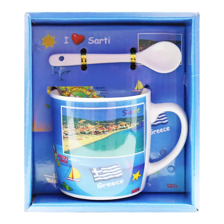 Taza de cerámica griega con cuchara, taza de café con logotipo personalizado, juego de tazas de regalo de recuerdo