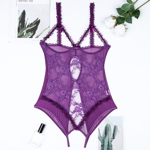Conjunto de lencería de lujo sexy con copas abiertas y diseño hueco, body de una pieza transparente con bordado de encaje - Product Image 4