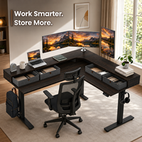 Grand bureau d'angle en L de 160 mm à 90 degrés avec tiroirs, bureau assis-debout électrique à double moteur réglable en hauteur pour la maison