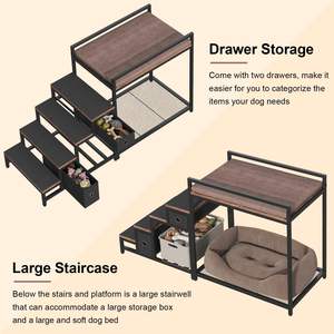 Cama Elevada para Mascotas de Madera Maciza Personalizada con Escaleras Extraíbles, 2 Cajones, Ventana, Marco Metálico Resistente, Cama para Perros y Gatos con Cojín Suave - Product Image 3