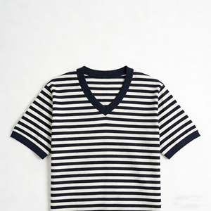 Camiseta Casual de Cuello en V para Hombre, con Rayas Horizontales, Ligera, de Manga Corta, para Verano, Venta al Por Mayor - Product Image 1