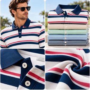 เสื้อโปโล 240 GSM ผ้าฝ้าย 100% เสื้อโปโลชายแขนสั้นลายทางสำหรับตีกอล์ฟ รับทำโลโก้ เสื้อผ้าลำลองสำหรับเล่นกีฬา ผู้ผลิต OEM - Product Image 2