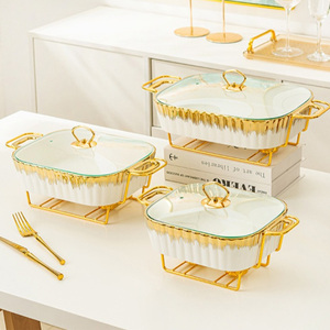 <strong>Rectangular</strong> Design <strong>Ceramic</strong> Casserole <strong>Pot</strong> Tableware Candle Chafing Dish Buffet Set Fire Heating <strong>Ceramic</strong> Soup <strong>Pot</strong> with Golden Rack - Product Image 1