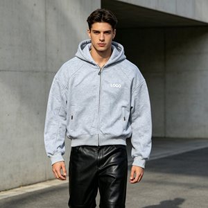 Sweat à capuche zippé pour homme, effet déchiré et vieilli, impression en relief délavée à l'acide, en molleton bouclette 550G 100% coton, service OEM - Product Image 6