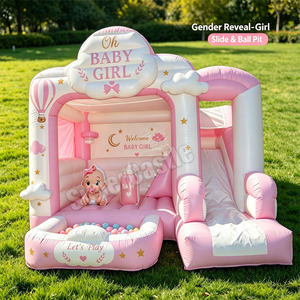 Château gonflable rose « Oh Baby Girl » pour révélation du sexe, avec toboggan et piscine à balles, idéal pour location de fête de naissance - Product Image 1
