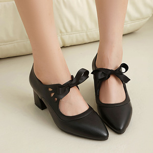 Sandales à talons en cuir véritable noir à bout pointu avec nœud décoratif, talon moyen, talon bloc, chaussures élégantes pour femmes, livraison directe - Product Image 5