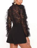 Vêtements pour femmes, combinaison longue à manches longues en dentelle et à volants, noire, sexy, transparente