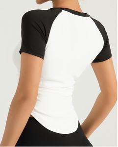 Top Corto Deportivo para Mujer, Cuello Redondo, Manga Corta, Color en Contraste, Fruncido, Transpirable, de Spandex y Poliéster, para Yoga y Fitness - Product Image 2