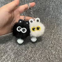 Porte-clés en peluche doux et moelleux en fausse fourrure de lapin Rex, écologique, avec pompon tête de chat de dessin animé, petit et mignon