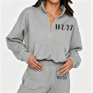 Women Autumn Embroidered Stand Collar Quarter-Zipper Hooded Sweatshirt Fashion Sport Gym Hoodie Painted <b>Set</b> - Product Image 4