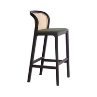 Taburete de Bar de Estilo Nórdico Moderno con Estructura de Madera Maciza y Respaldo de Ratán, con Asiento de Tela para Barra de Cocina, Hogar, Restaurante