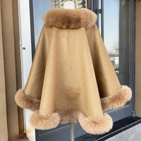 Winter Warmer Luxuriöser Kapuzenmantel mit Flauschigem Fuchspelzbesatz Einfarbiger Damen Kaschmir-Woll-Pelz-Poncho