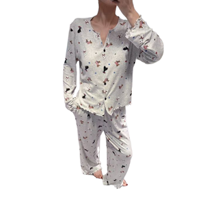 Conjunto de <span class=keywords><strong>Pijama</strong></span> de Seda de Hielo para Mujer, Primavera y Otoño, Cuello en V, Manga Larga, Estilo Popular en Internet - Product Image 1