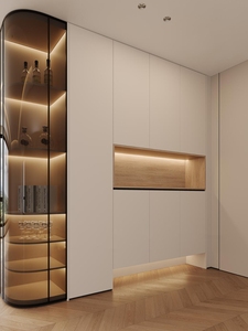 Système de rangement d'entrée personnalisé minimaliste, banc bas autoportant avec zone dissimulée et panneau brillant pour couloir d'entrée de maison urbaine - Product Image 3