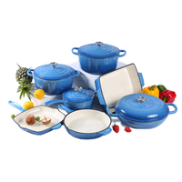 Batterie de cuisine EliteChef 7 pièces en fonte émaillée bleue, antiadhésive, comprenant poêle, grill et cocotte, pour la vente en gros aux fournisseurs de cuisine
