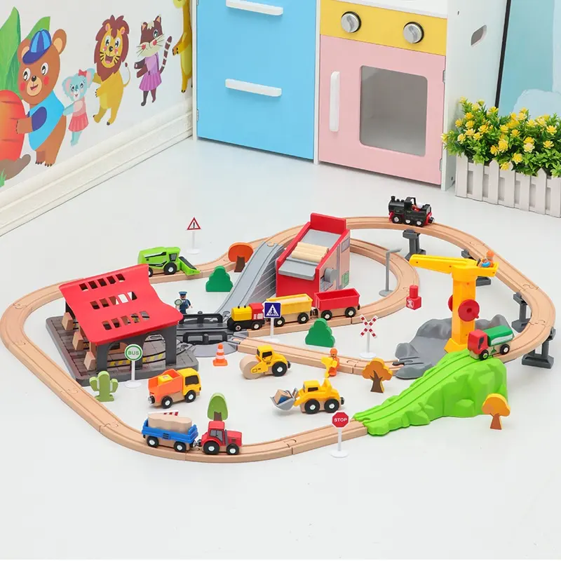 Escena de estación de bomberos para niños, carril educativo, bloque de pista de madera, compatible con tren de juguete de empuje manual