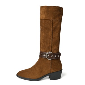Bottines Western mi-mollet pour femme en daim à bout pointu, talons épais, boucle, tendance mode, hauteur de talon 6 cm, couleur unie - Product Image 5