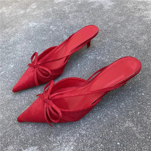 Stylish Pointy <b>Bow</b> Mules Women's Half Covered Low Heel <b>Shoes</b> Ladies Suede Kitten Heels Half-Drag Party Fashion Sexy Sandals - Product Image 6