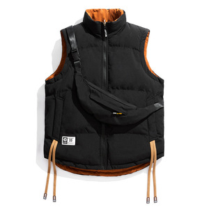 Black Reversible Puffer Vest Thickened <b>Down</b> Fill Outdoor Sports Casual Wear Straight Hem Design With Adjustable Drawstrings - Product Image 1