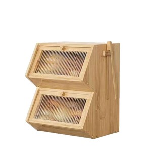 Boîte à pain en bambou à double couche, meuble de rangement pour comptoir de cuisine avec porte coulissante pour pain et pâtisseries - Product Image 5