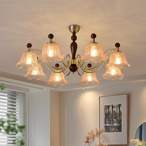 Lustre en bois multi-têtes de style chinois traditionnel, source de lumière LED, base d'ampoule E27, pour la maison, le salon, la chambre à coucher, éclairage de plafond - Product Image 1