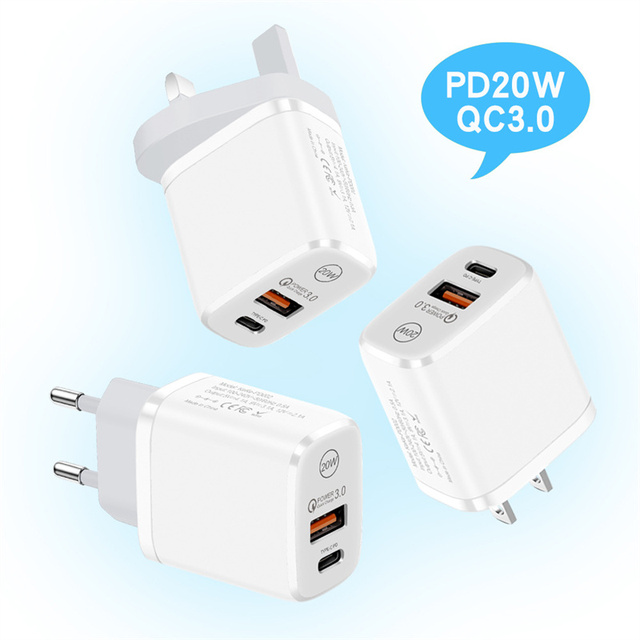 USB C Dual USB QC3.0 Wall Charger 20W PD Quick Charge Plug for EU US UK Mobile Phones 5A Output with 0.5A Input