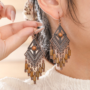 Bohemian Wooden <b>Drop</b> Earrings Antique <b>Bronze</b> Plated Feather Pattern Women's Party Fashion Jewelry 2025 - Product Image 2