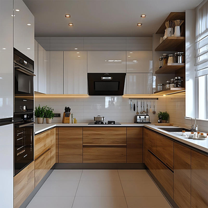 <span class=keywords><strong>Cuisine</strong></span> moderne <span class=keywords><strong>de</strong></span> luxe, armoires modulaires, éclairage LED intégré, finition haute brillance personnalisée, panneau <span class=keywords><strong>de</strong></span> mélamine spacieux, bois, villa - Product Image 3