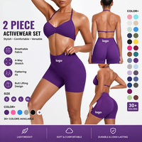 Set Olahraga untuk wanita, 2 potong Halter depan putar, bra olahraga pinggang tinggi, celana pendek Biker, pakaian latihan Gym Yoga