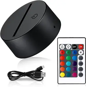 RGB发光二极管灯座，用于3D发光二极管夜灯亚克力黑色3D发光二极管灯座，带USB电缆和遥控器