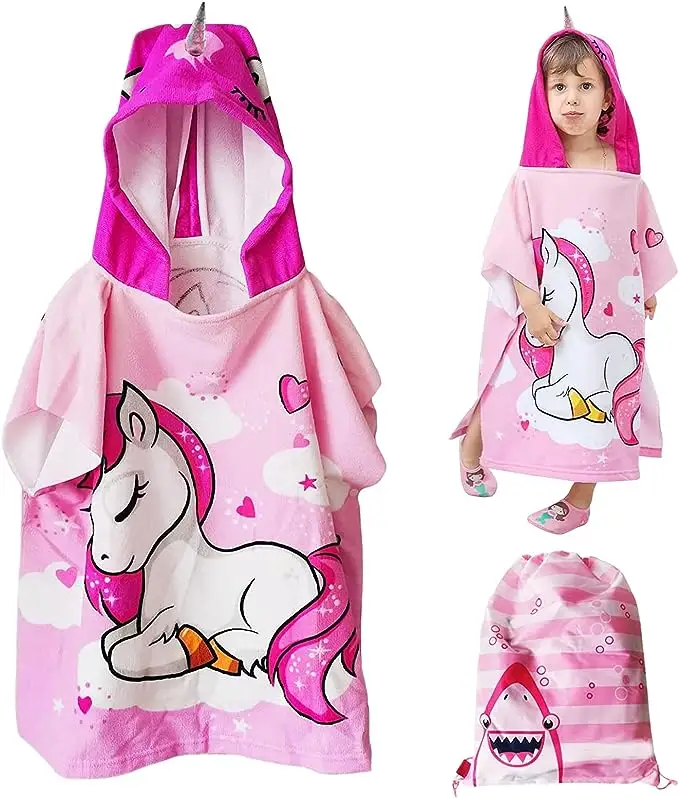 Hot Selling Print Custom Strand Zwemmen Sneldrogende Cartoon Kinderen Poncho Kinderen Hooded Strandlaken