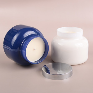 Custom Made Soy Candle <b>Jar</b> Blue And White Glass With Stainless Steel Lid Round Cup Shaped Home <b>Decoration</b> Indoor Use - Product Image 2