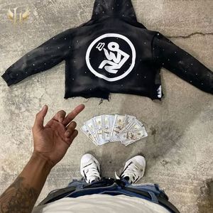 Streetwear personnalisé lavé à l'acide en détresse Chenille Applique broderie ourlet brut coupe couture soleil fané recadrée strass sweats à capuche - Product Image 2