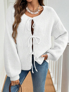 Cárdigan informal para mujer, suéter de punto de algodón de Color sólido para otoño e invierno con mangas abullonadas y cierre de cinturón con logotipo frontal, ajuste holgado - Product Image 1
