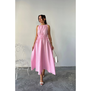 Robe maxi sans manches en mousseline rose, taille élastique, robe décontractée, taille S - Product Image 3