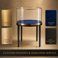 Support de présentation de bijoux en verre cylindrique rond personnalisé avec plateau en velours bleu et bordure dorée pour les magasins de bijoux en gros