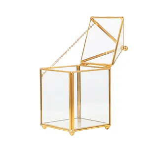 Small Golden Cube with Lid Glass Led Light Grow Terrarium for Plant Wedding Home Decoration Planter Crafts Flower Pots terrario
