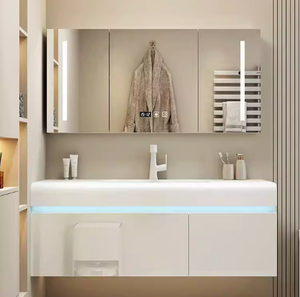 Armoire <span class=keywords><strong>de</strong></span> <span class=keywords><strong>salle</strong></span> <span class=keywords><strong>de</strong></span> <span class=keywords><strong>bain</strong></span> moderne avec capteur <span class=keywords><strong>de</strong></span> présence humaine, lumière ambiante, étanche, en <span class=keywords><strong>bois</strong></span> massif multicouche, avec miroir et éclairage - Product Image 1