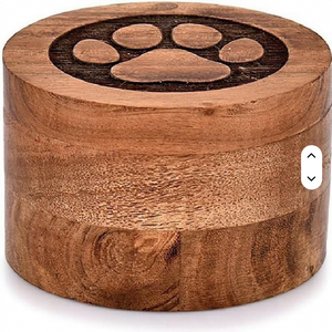Kotak Kenangan Hewan Peliharaan, Wadah Kremasi, Tempat Penyimpanan Rambut Anjing & Abu, Kayu Solid Bulat Ukiran Vintage Mewah - Product Image 4