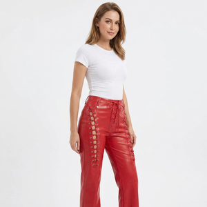 Customized Colors High Waist Gothic Skinny Pants Lace-Up Detailing Formal <b>Winter</b> Genuine Leather Full Length Women's <b>Trousers</b> - Product Image 1