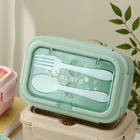 Boîte à lunch bento personnalisée mignonne à double couche en PP, couvercle transparent, rectangulaire, compatible micro-ondes, 2 compartiments, fourchette et cuillère