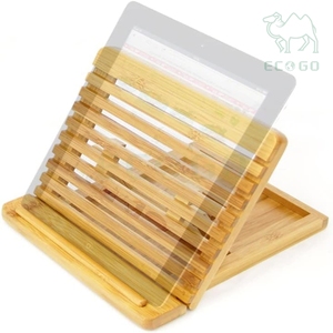 Adjustable Reading Workbook Natural Bamboo Office Desk Organizer <b>Tablet</b> iPad Display Stand Book <b>Holder</b> with 4 Angles - Product Image 3