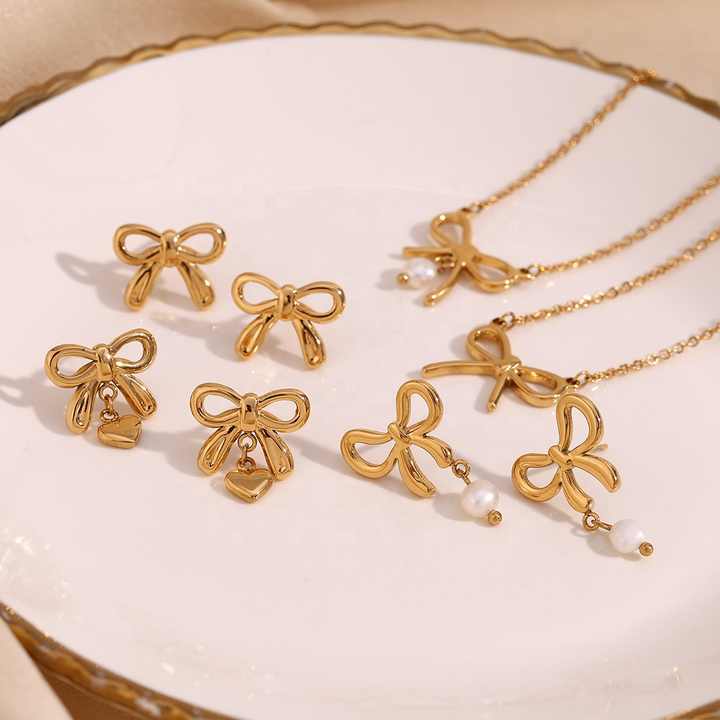 2024 Trend Bow Jewelry Set Pearl Necklace Earring Set 18k Gold 