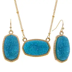 Gemstone Oval Hexagon Druzy Drusy Elisa Colar Pingente Brincos Set Jóias Designer Resina 2023 Moda Luxo para Mulheres Meninas