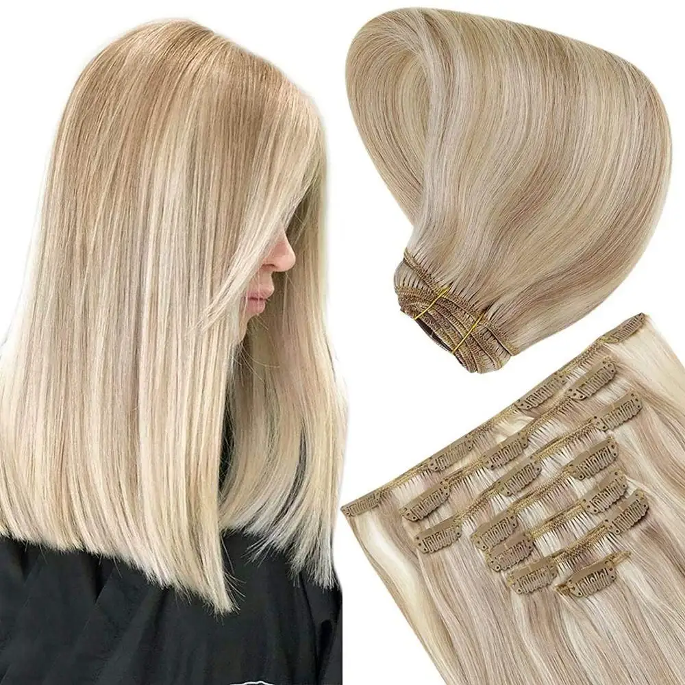 100% cuticle aligned virgin human hair extensions clip on silk straight double drawn hair piano color clip in extension