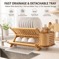 Égouttoir à vaisselle multifonctionnel et écologique en bambou pliable à 2 niveaux en forme de X pour évier de cuisine, avec porte-ustensiles et porte-épices amovibles