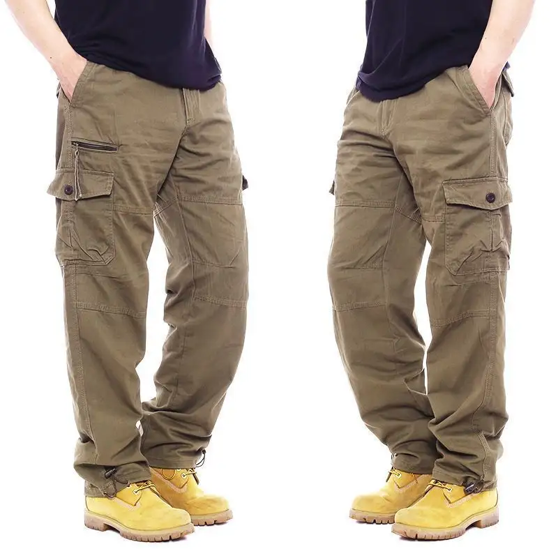 Calça cargo masculina, calça de carga de algodão puro para uso externo casual, tamanho grande com múltiplos bolsos, cintura elástica, solta e resistente ao desgaste