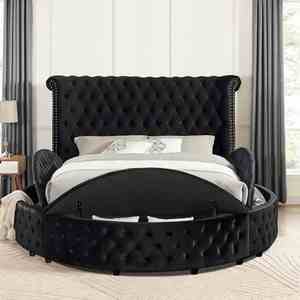 King <b>Size</b> Adjustable Modern Soft <b>Bed</b> Round Storage Black Velvet Like Acrylic Button-Tufted Wingback Design - Product Image 4