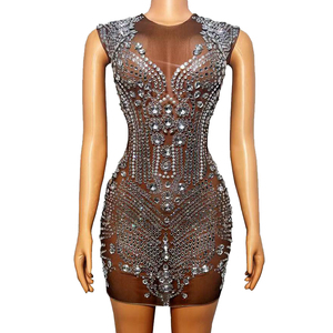 Robe à franges en strass argentés, tenue mince en pierres de cristal, pour discothèque, fête d'anniversaire, bal de promo, Costume de danse de <span class=keywords><strong>chanteur</strong></span> - Product Image 1
